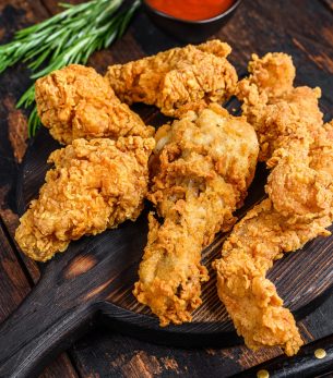 Breaded chicken drumstick, leg, wing and breast tenders strips. Dark Wooden background. Top view.